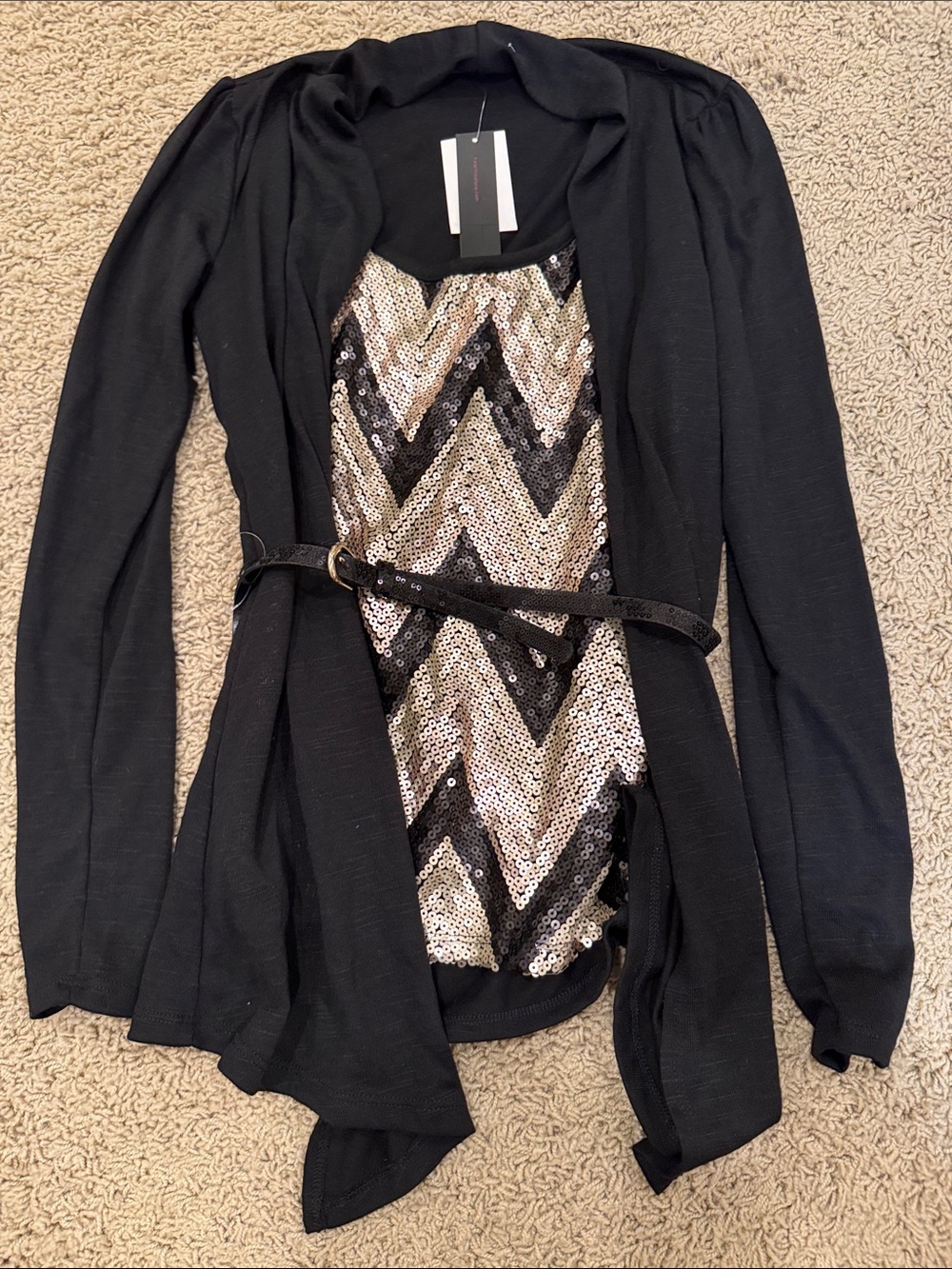 HeartSoul Black Cardigan with Gold and Black Sequin Chevron Dress